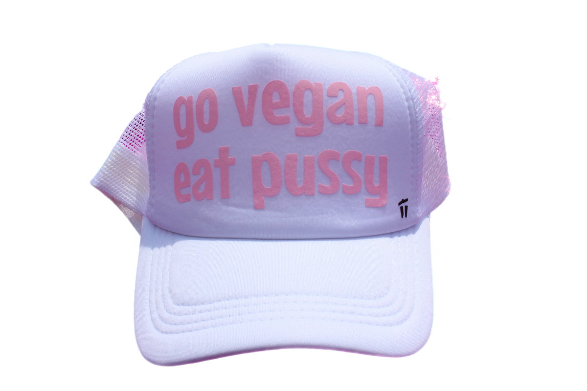 "Go Vegan Eat Pussy" Trucker Hat - Light Pink